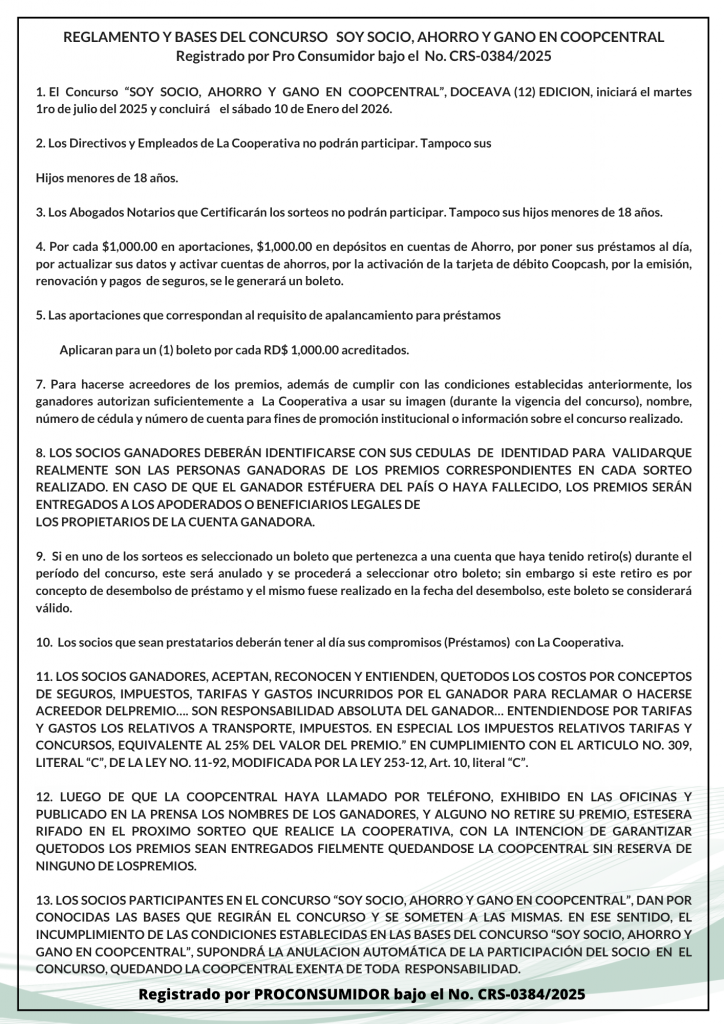 Bases del Concurso " SOY SOCIO, AHORRO Y GANO EN COOPCENTRAL" 12va. Edición